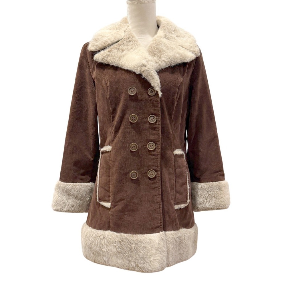 VTG Womens L/XL Brown Corduroy Faux Fur Penny Lane Coat Double Breasted 70s
